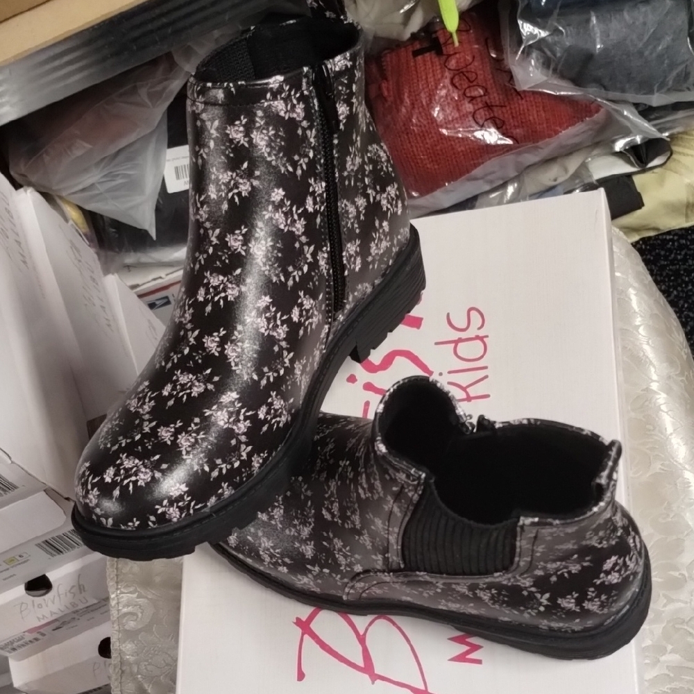 Floral Black Ankle Boots for Kids